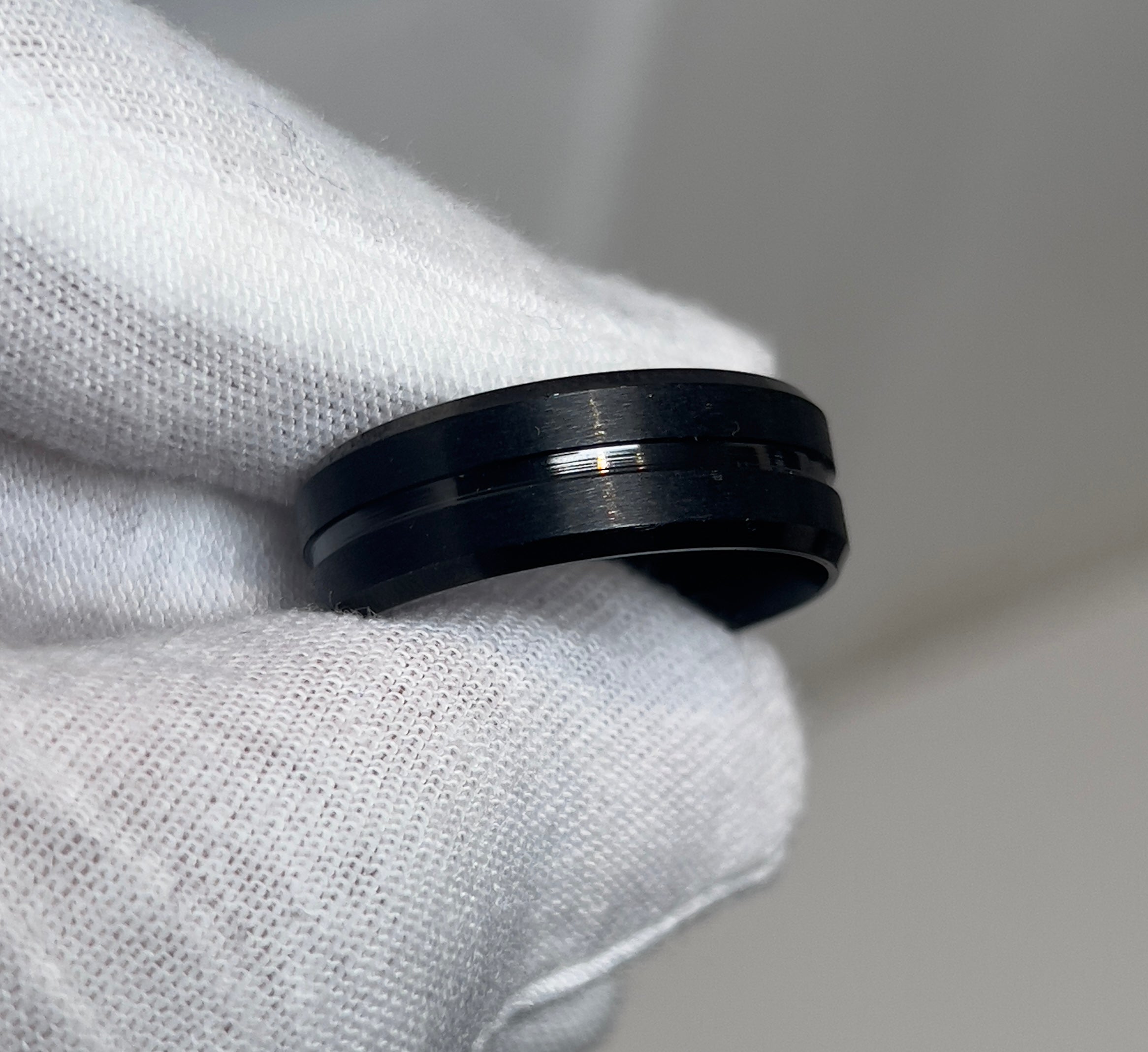 Bevelled Brushed Titanium Black Mens Ring