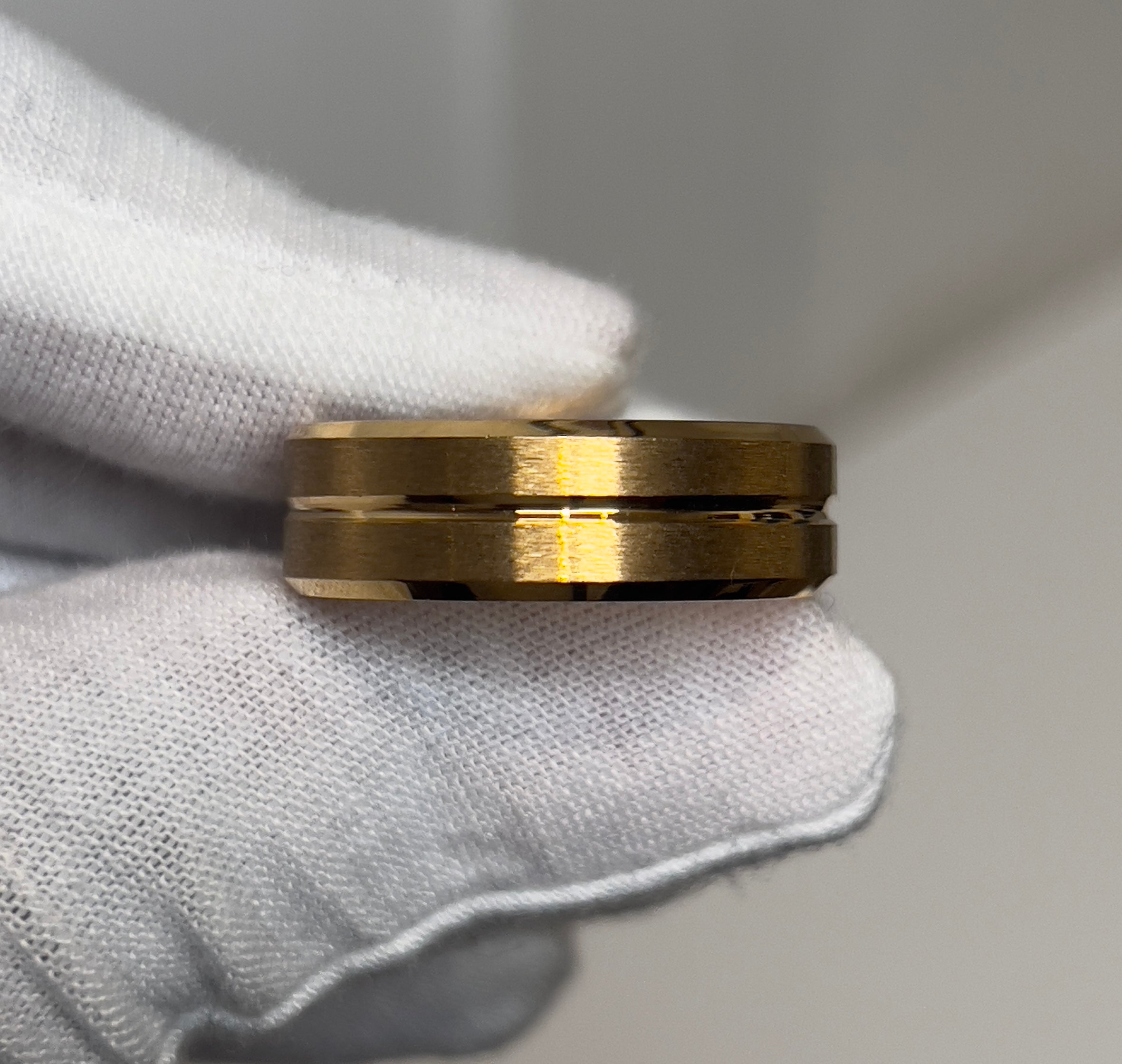 Bevelled Brushed Titanium Gold Mens Ring