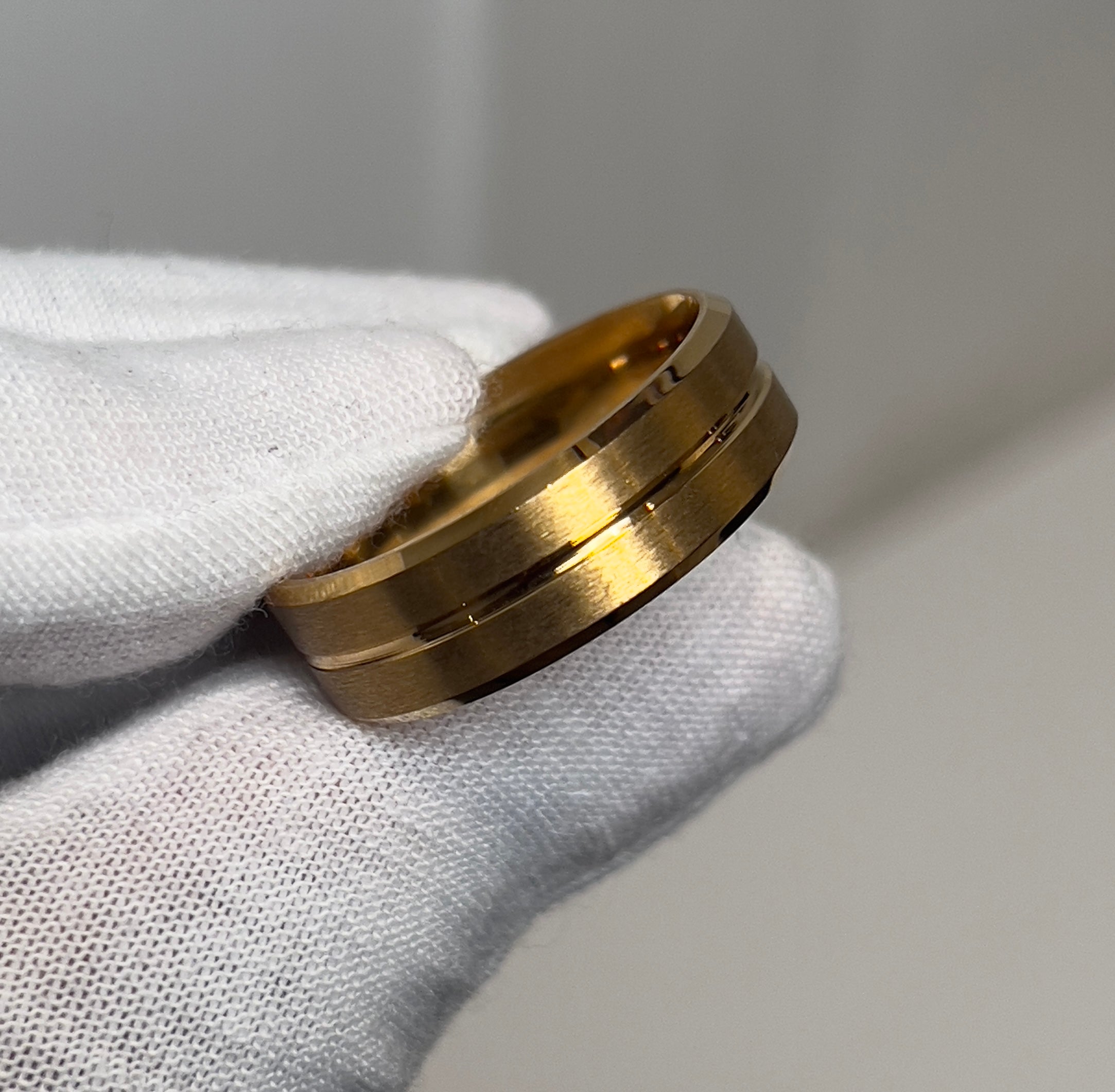 Bevelled Brushed Titanium Gold Mens Ring