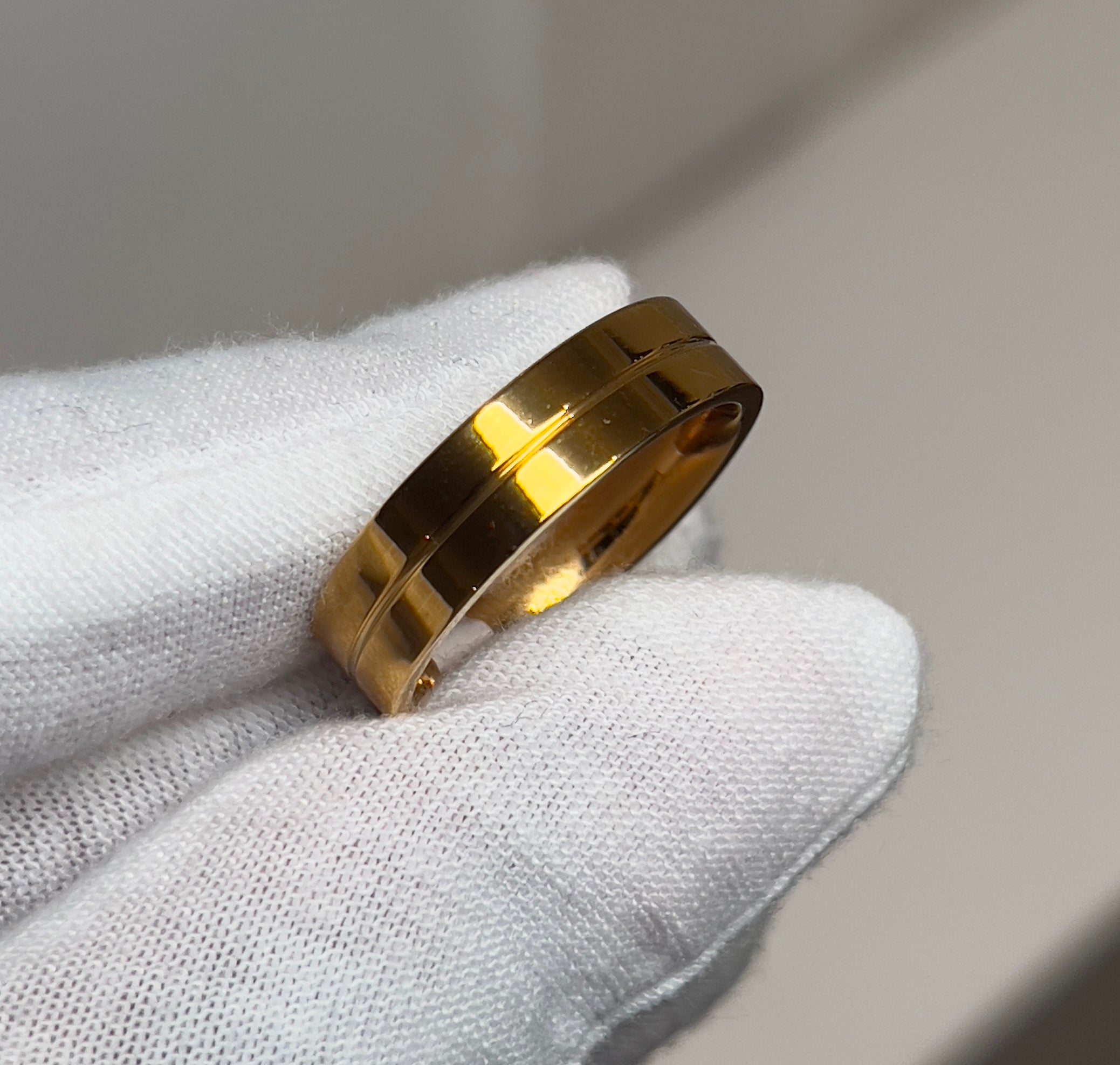 Stainless Steel Flat Line Polished Gold Mens Ring