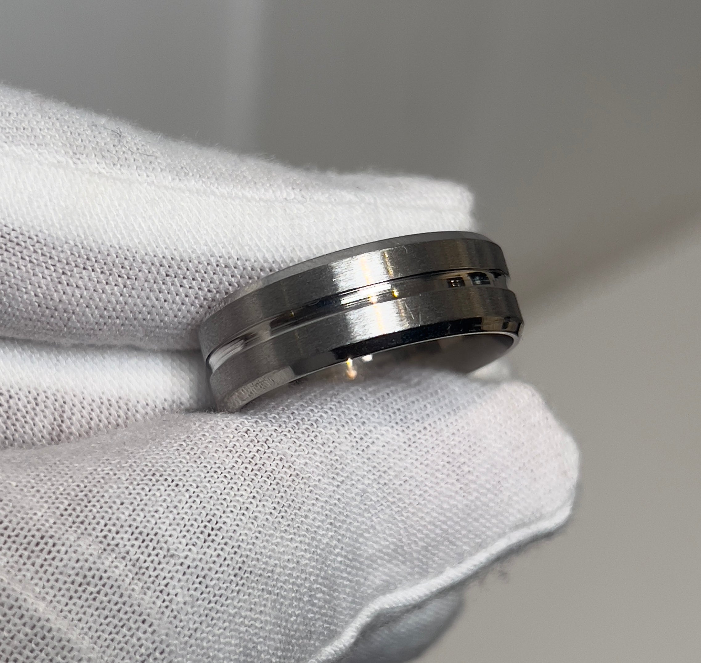 Bevelled Brushed Titanium Silver Mens Ring