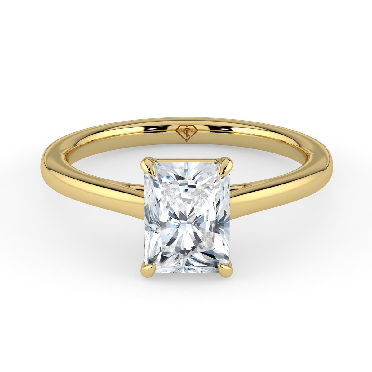 Radiant 18k Yellow Gold ring with Cathedral Solitaire
