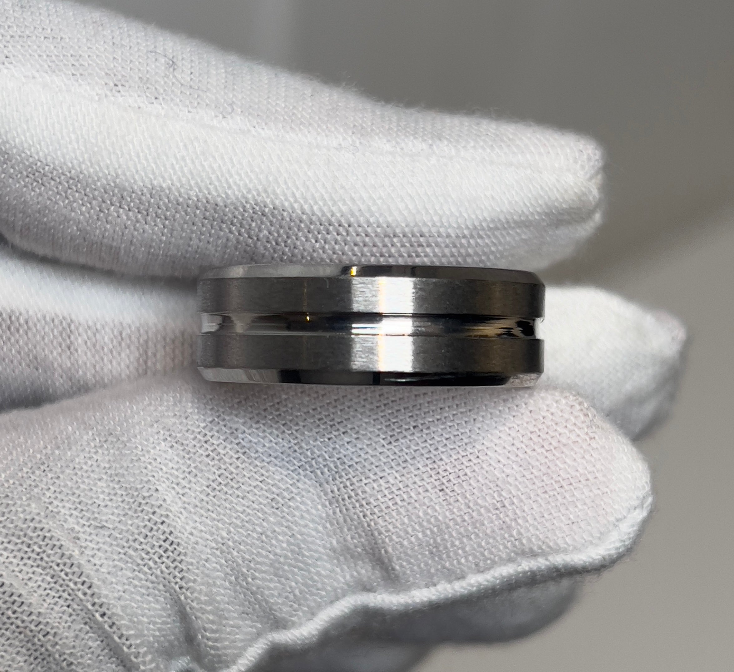 Bevelled Brushed Titanium Silver Mens Ring