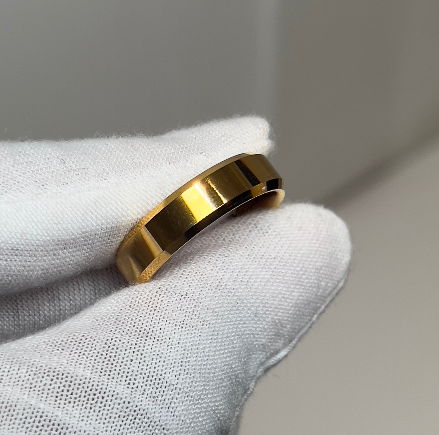 Tungsten Bevelled Polished Gold Mens Ring